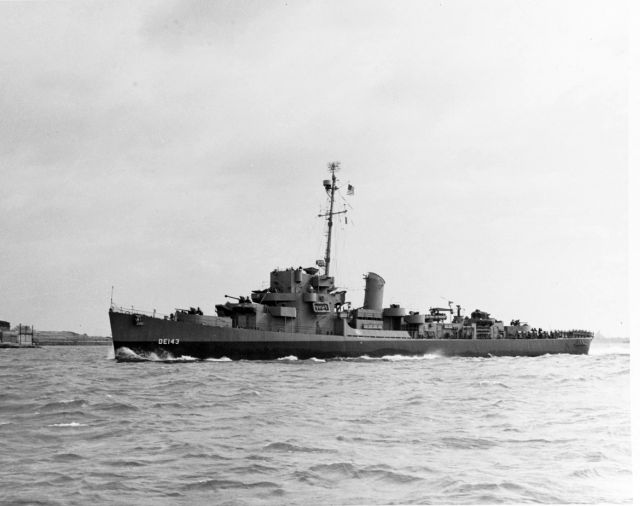 (DE-143) Underway in New York Harbor, 20 October 1943. Courtesy of Donald M. McPherson, 1967. U.S. Naval History and Heritage Command Photograph. NH 53909